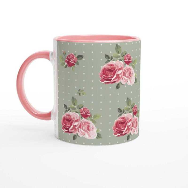 Pink Roses On Green Mug
