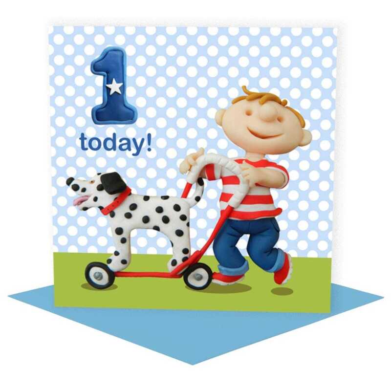 Birthday boy age 1 with doggie - child's age birthday - designed by Erica Sturla - 15cm square and blank inside, made in the UK