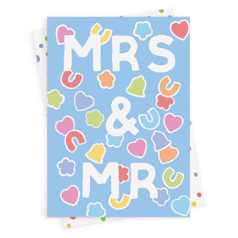 Mrs and Mr, confetti themed wedding card with a gorgeous printed envelope - 12 x 17cm and blank inside - made in the UK
