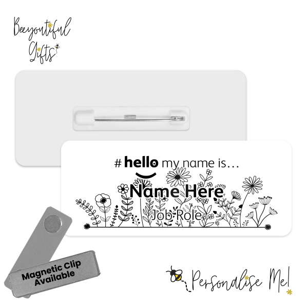 Name Badge - Monochrome Flowers Hello My Name is... - Design 1