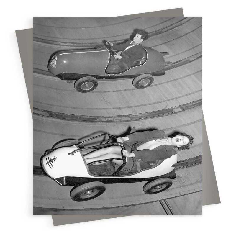 Fairground ride, vintage photographic black and white car themed card - 12.6 x 17.7cm and blank inside - made in the UK
