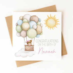 Personalised New Baby Card - Congratulations on the Birth of... - Pink Hot Hair Balloon