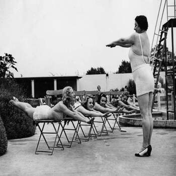 Holy Mackerel swimmers on dry land retro black and white photographic card featuring a vintage image of a womens swimming lesson - 12.6 x 17.7cm and blank inside
