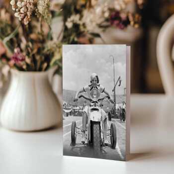 Revving up, photographic black and white card featuring a woman on a motorbike - 12.6 x 17.7cm and blank inside - made in the UK