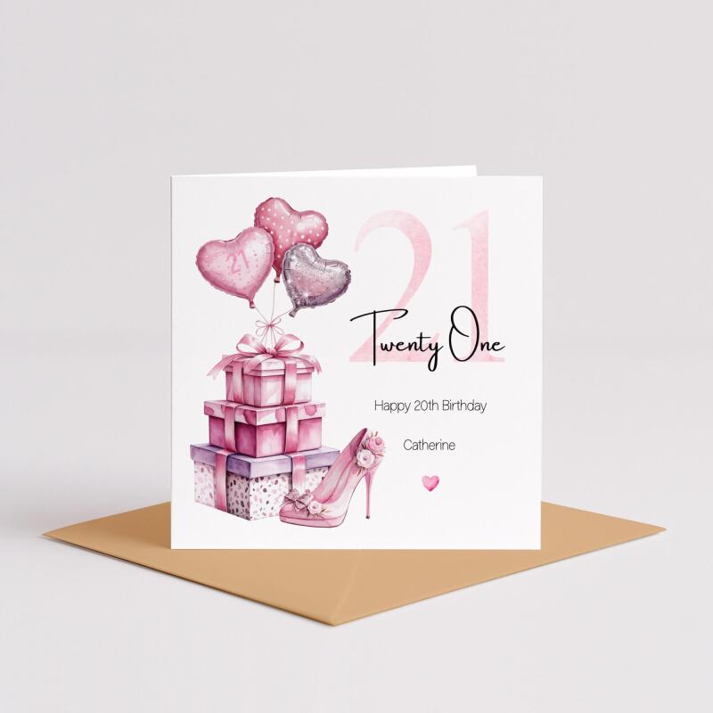 Personalised 21st Birthday Card for Her Pink Heels Balloons Gift Boxes Milestone Greeting Women - Smooth No Message - Kraft Brown