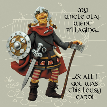 Holy Mackerel Uncle Olaf Viking birthday card featuring a Norseman in battle dress - designed by artist Erica Sturla - 15cm square and blank inside for your message - made in the UK