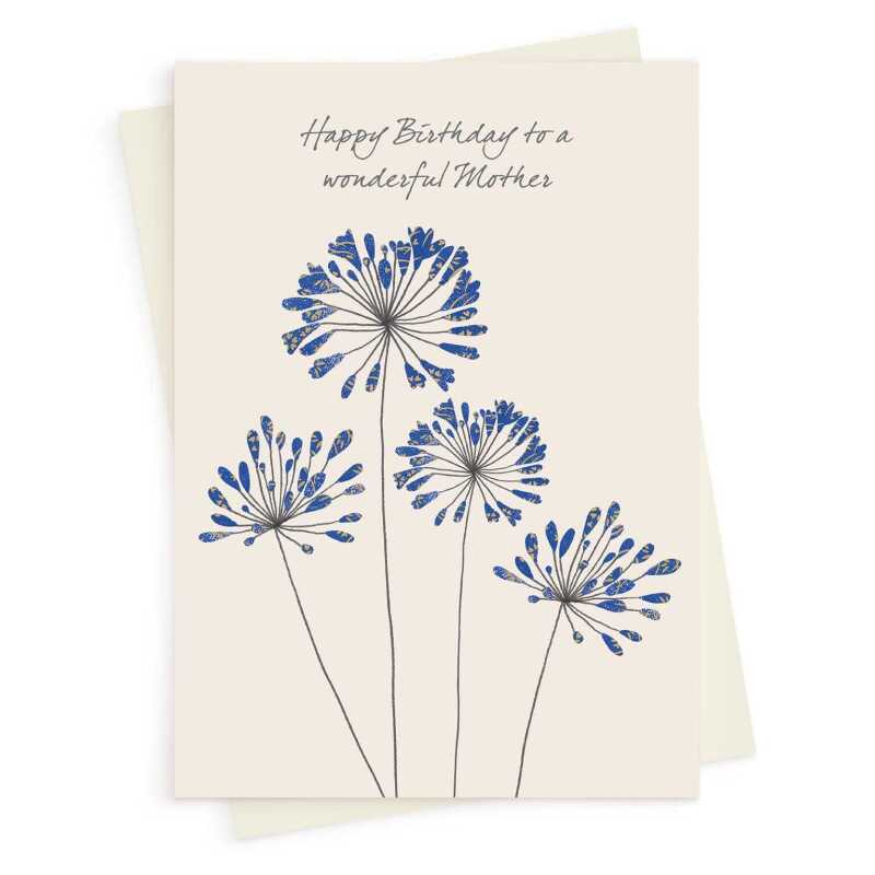Agapanthus mother birthday card -  designed by Eloise Hall for Holy Mackerel - 15.7 x 11cm and blank inside, made in the UK