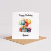 Personalised happy birthday card with balloons and gift boxes, custom name, vibrant colours - Smooth No Message - Kraft Brown