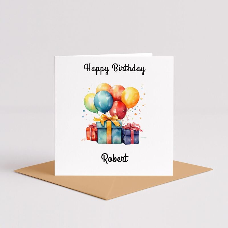 Personalised happy birthday card with balloons and gift boxes, custom name, vibrant colours - Smooth No Message - Kraft Brown