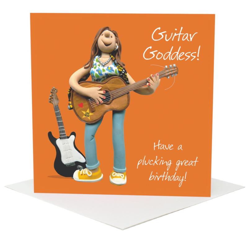 Funny guitar goddess birthday card for her - designed by Erica Sturla - 15cm square and blank inside, made in the UK