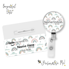 #hello my name is... Name Badge & Metal ID Reel - Pastel Rainbows, Hearts & Clouds