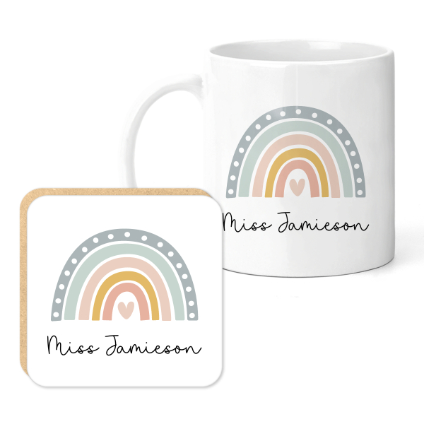 Personalised Teacher Mug & Coaster Set - Cute Simple Boho Rainbow