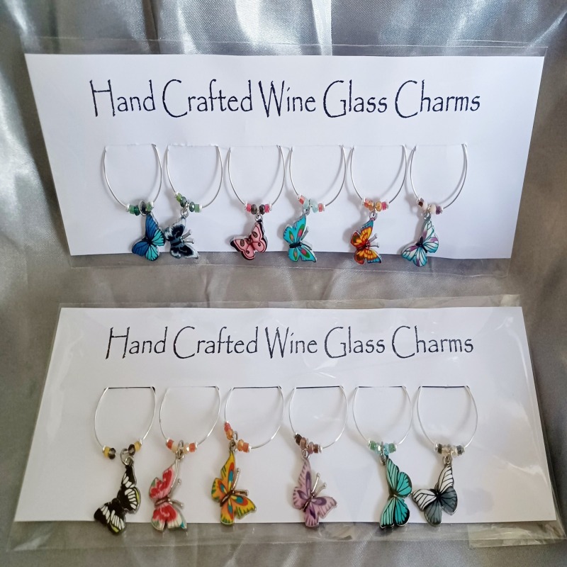 Set of 6 Wine Glass Charms with Butterflies - Mounted on Card