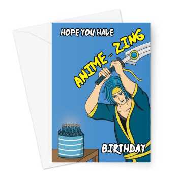 Anime Sword Master Birthday Card - Blue