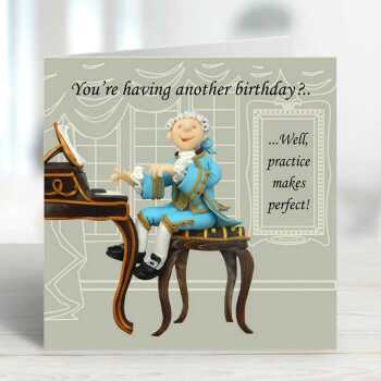 Practice makes perfect - Mozart themed birthday card - designed by Erica Sturla - 15cm square and blank inside, made in the UK