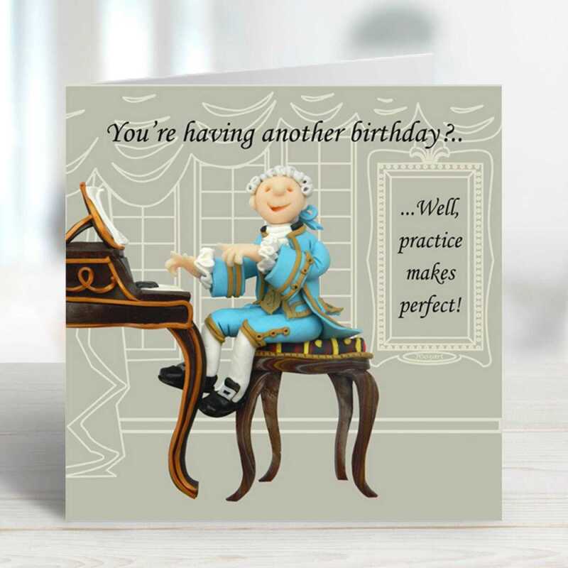 Practice makes perfect - Mozart themed birthday card - designed by Erica Sturla - 15cm square and blank inside, made in the UK