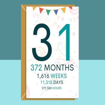31st Birthday Card - Funny Cheeky Card For Him or For Her - Age in Months, Weeks, Days, Hours - Ideal for someone turning 31 years old