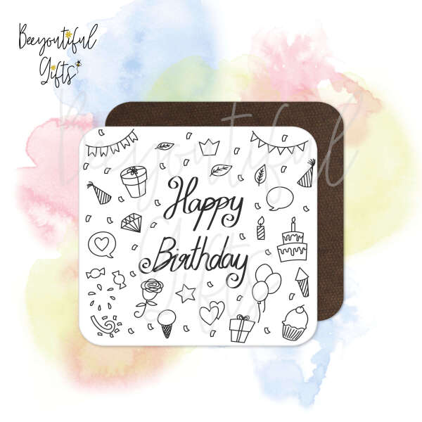 Birthday Coaster - Happy Birthday Hand Drawn Doodle