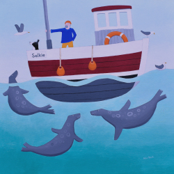 Holy Mackerel sailing with the selkies fishing themed art card for him or her - designed by artist Ailsa Black - 15cm square and blank inside for your message