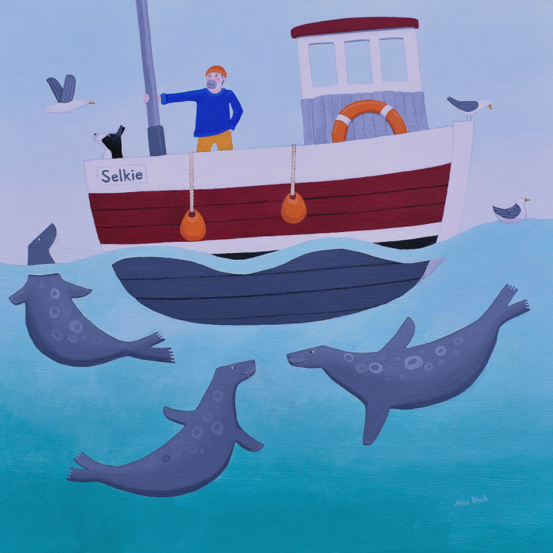 Holy Mackerel sailing with the selkies fishing themed art card for him or her - designed by artist Ailsa Black - 15cm square and blank inside for your message