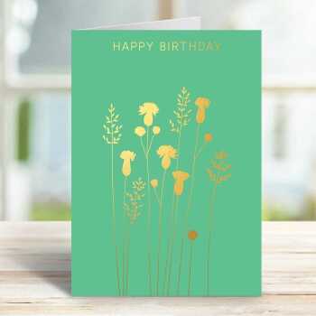 Happy birthday card with a pretty gold foil thistles and grass  print - designed by artist Eloise Hall - 15.7 x 11cm and blank inside