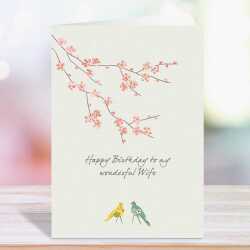 Blossom and birds wife birthday card -  designed by Eloise Hall for Holy Mackerel - 15.7 x 11cm and blank inside, made in the UK
