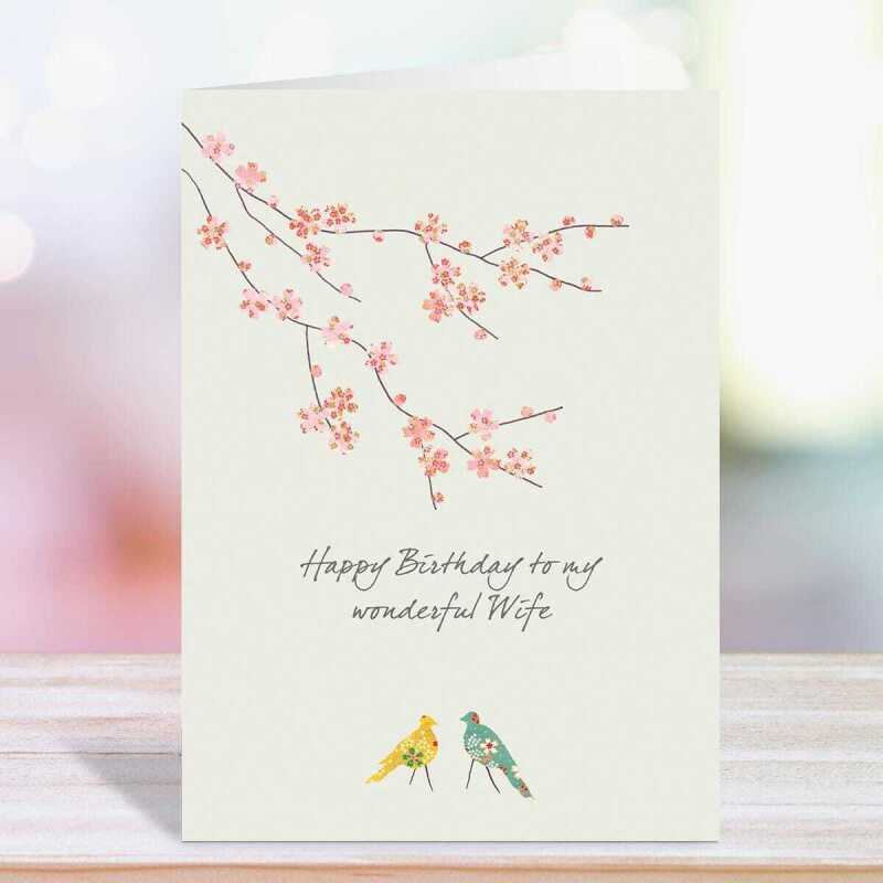 Blossom and birds wife birthday card -  designed by Eloise Hall for Holy Mackerel - 15.7 x 11cm and blank inside, made in the UK