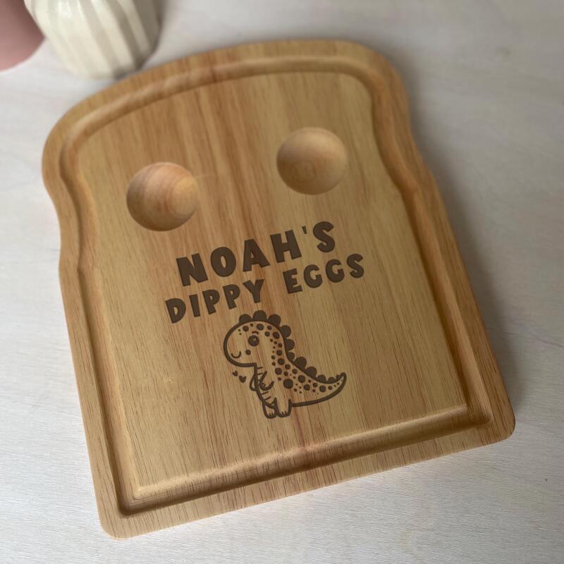 Personalised Dippy Egg Breakfast Board / Football Themed Gifts for Kids / Personalised Egg and Toast Board / Egg Cup Tray Birthday Easter - Dippy Egg - Dinosaur