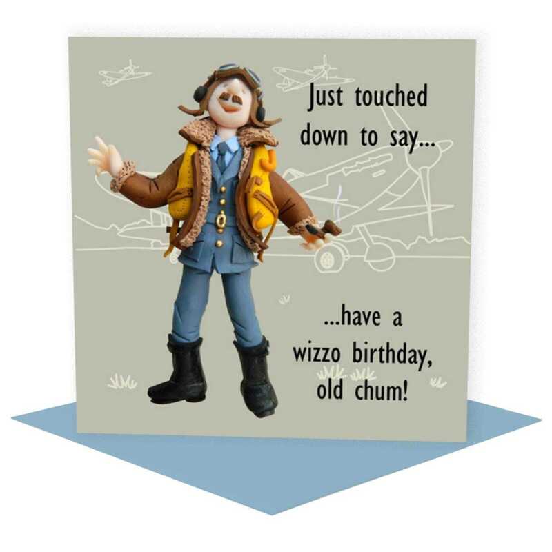 Wizzo pilot themed birthday card - designed by Erica Sturla - 15cm square and blank inside, made in the UK