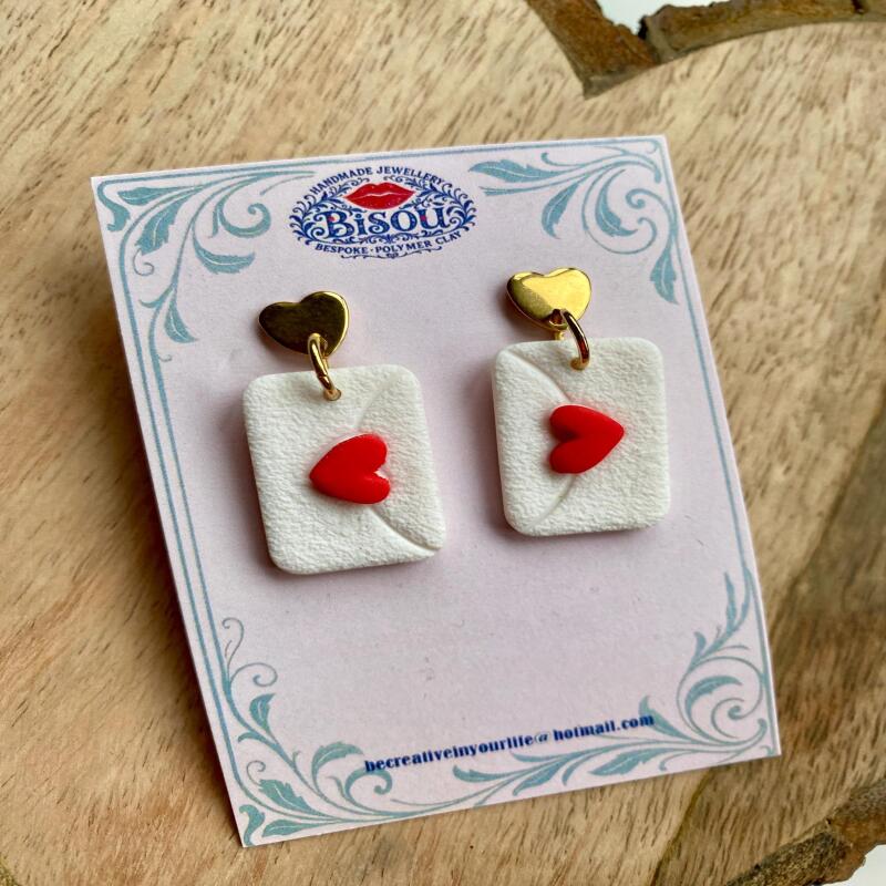 Heart Envelope Dangle Earrings | Handmade Polymer Clay Love Letter - silver