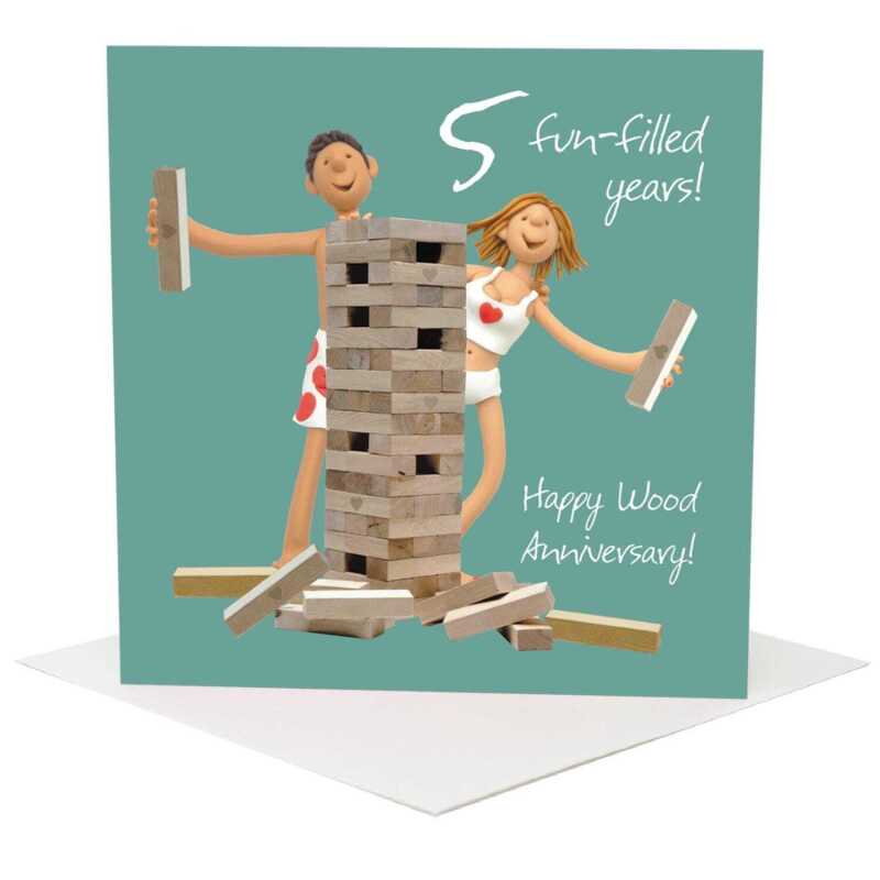 Fun 5th anniversary card (wood anniversary) - designed by Erica Sturla - 15cm square and blank inside, made in the UK