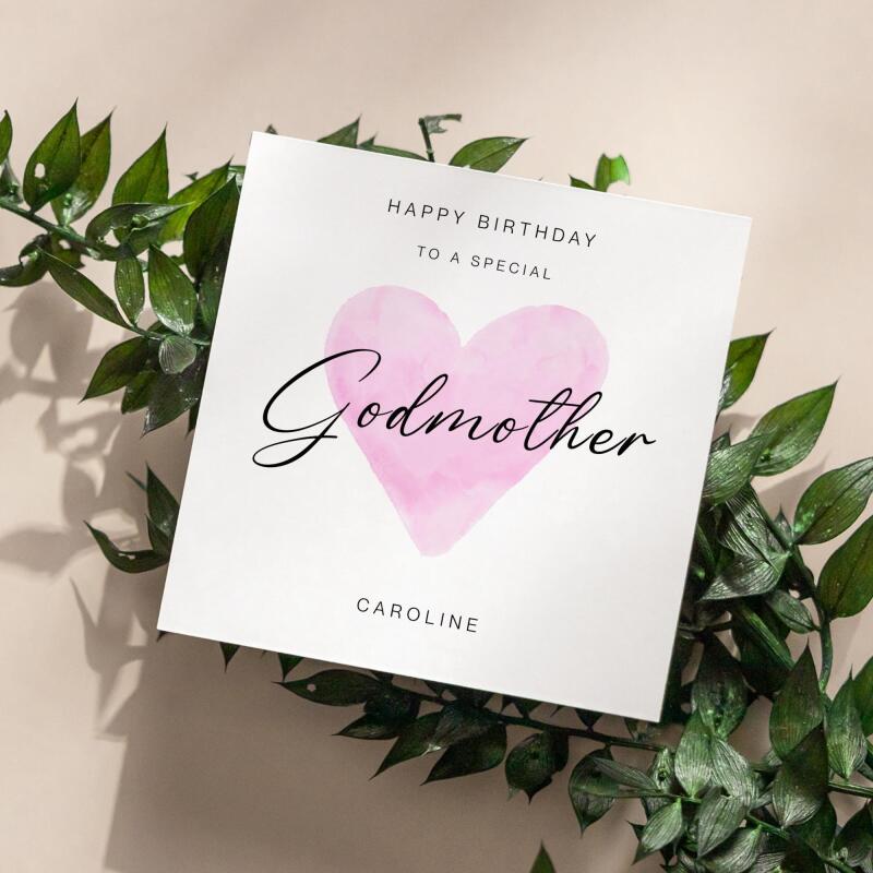 Godmother Birthday Card &ndash; Personalised Name &ndash; Pink Watercolour Heart &ndash; Handmade Greeting Card UK - Smooth No Message - Kraft Brown