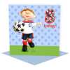 Birthday boy age 8 playing football - child's age birthday - designed by Erica Sturla - 15cm square and blank inside, made in the UK