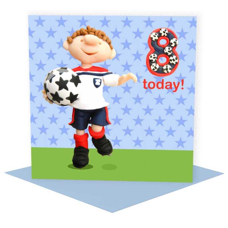 Birthday boy age 8 playing football - child's age birthday - designed by Erica Sturla - 15cm square and blank inside, made in the UK