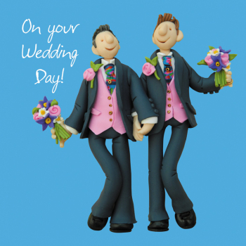 Holy Mackerel Male wedding day, LGBTQ+ marriage card by Erica Sturla, for two bridegrooms, 15cm square and blank inside