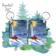 Watercolour Winter Lighthouse Landscape High Gloss Rectangular Wooden Key Ring