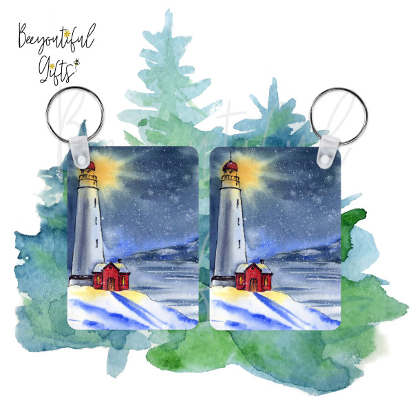 Watercolour Winter Lighthouse Landscape High Gloss Rectangular Wooden Key Ring