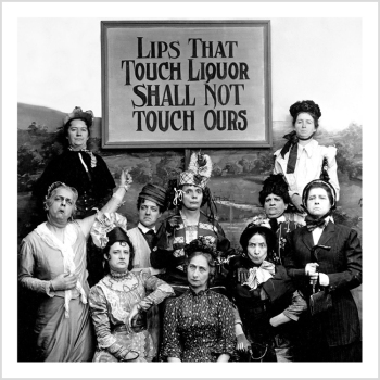 Holy Mackerel lips that touch liquor retro black and white photographic card featuring a vintage image of a comic temperance scene with men dressed as women - 15cm square and blank inside