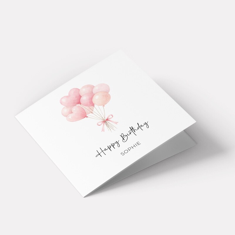 Personalised Birthday Card Pink Heart Balloons Handmade Custom Name Greeting - Smooth No Message - Kraft Brown