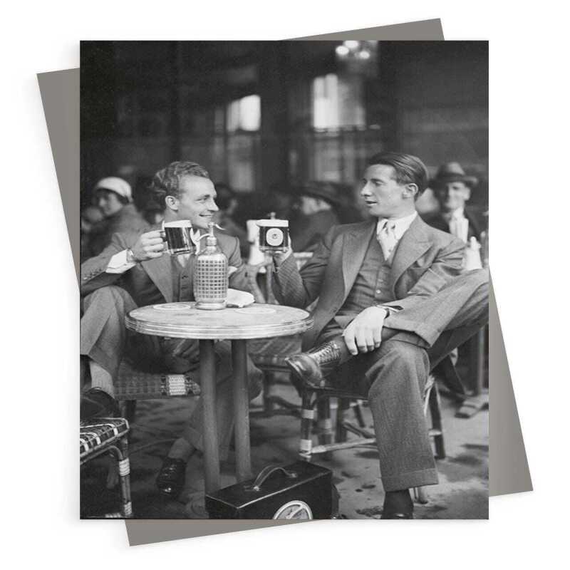 A pint together - vintage black and white themed card featuring a cafe in Paris  - 12.6 x 17.7cm and blank inside - made in the UK