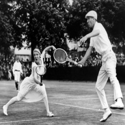 Holy Mackerel couple at the net retro black and white photographic card featuring a vintage image of a tennis match - 12.6 x 17.7cm and blank inside