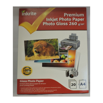 Inkrite A4 260gsm Single Sided Gloss Photo Paper 20 Sheet Packs