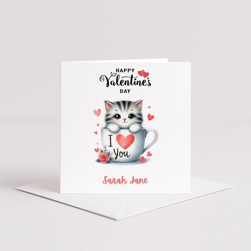 Kitten Valentines day card in a teacup design custom name romantic gift for partner - Smooth No Message - Kraft Brown