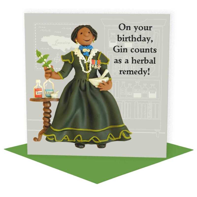Gin's a herbal remedy, funny historical Mary Seacole birthday card - designed by Erica Sturla - 15cm square and blank inside, made in the UK