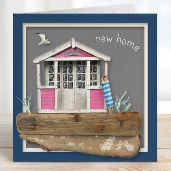 New Home - Seaside themed beach hut card - designed by Seth Draper - 15cm square and blank inside, made in the UK