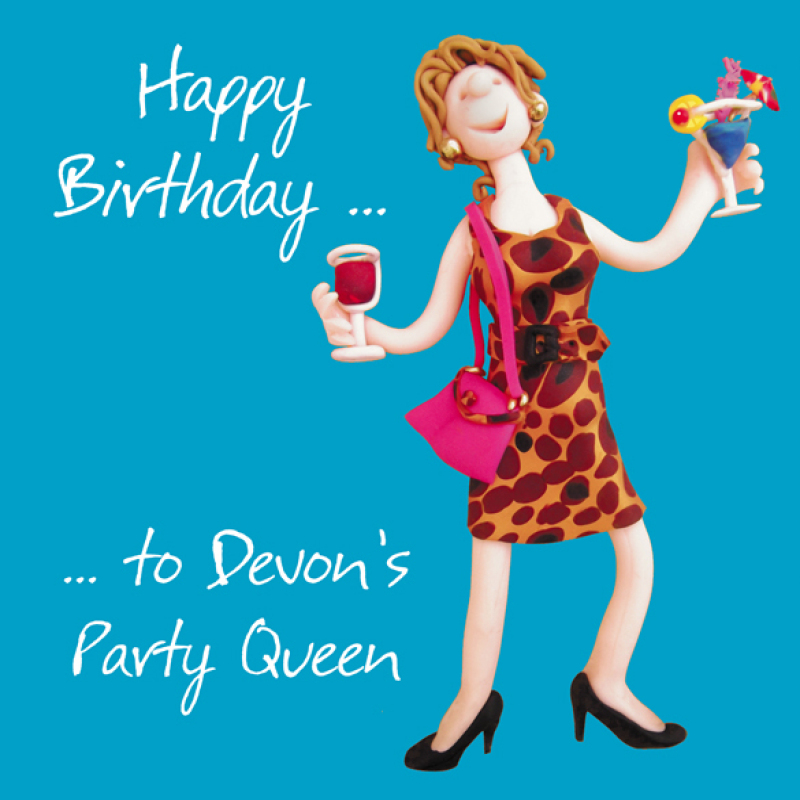 Devon's Party Queen Birthday Greetings Card, Designed by Erica Sturla for Holy Mackerel. Card is 150mm Square and Blank Inside.
