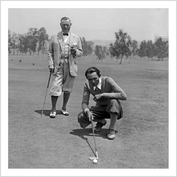 Holy Mackerel two well-dressed golfers retro black and white photographic card featuring a vintage image of men in plus fours on the golf course - 15cm square and blank inside
