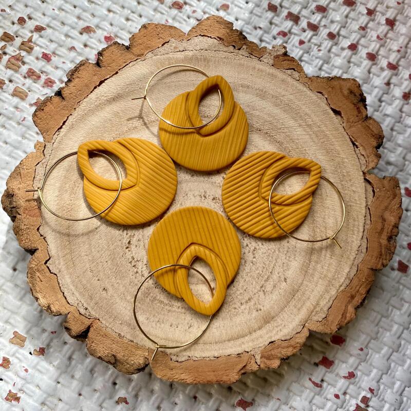 Mustard Ribbed Polymer Clay Hoop Earrings | Lightweight Statement Jewelry - silver