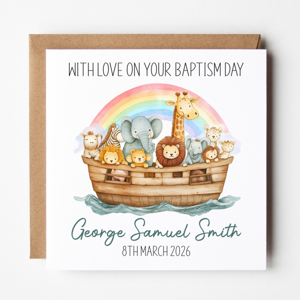 Personalised Baptism Card - Noah's Ark Rainbow - Standard Smooth Card
