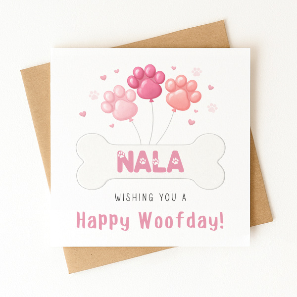 Personalised Dog Birthday Card - Wishing You A Happy Woofday - Pink - Standard Smooth Card